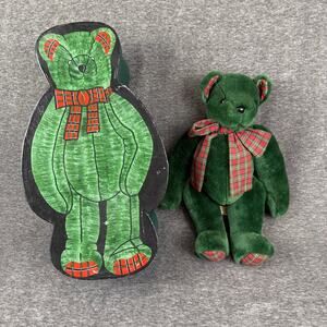 Vintage Haus of Klaus Green Teddy Bear Jointed Plaid Bow Original Box Xmas Decor